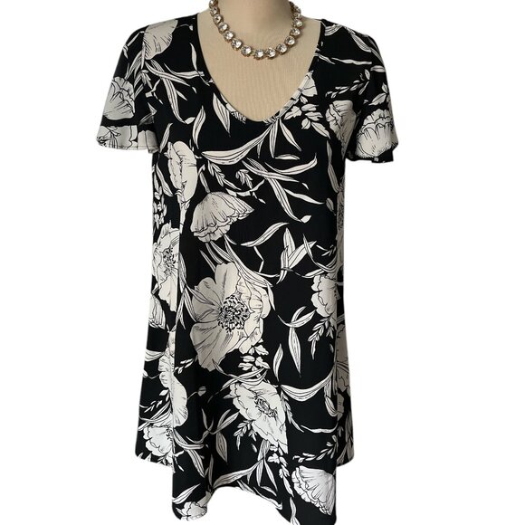 SOPRANO Mini Dress Size Large Floral Black and White Curvy No Stretch - Picture 3 of 10